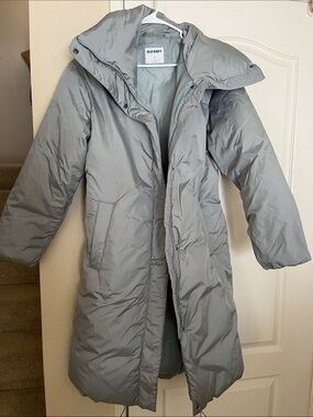Old Navy Light Gray Long Puffer Coat with Hood